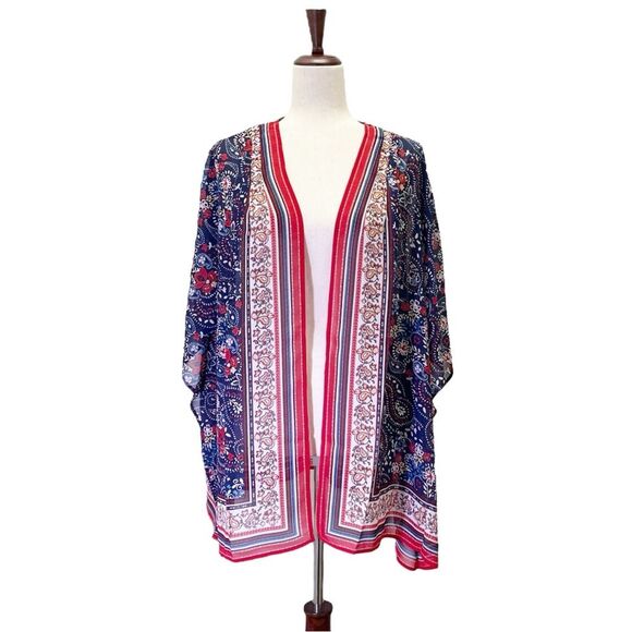 Belle Kim Gravel Border Print Kimono Swim Cover-Up Navy Red Paisley Size Large - Picture 1 of 12